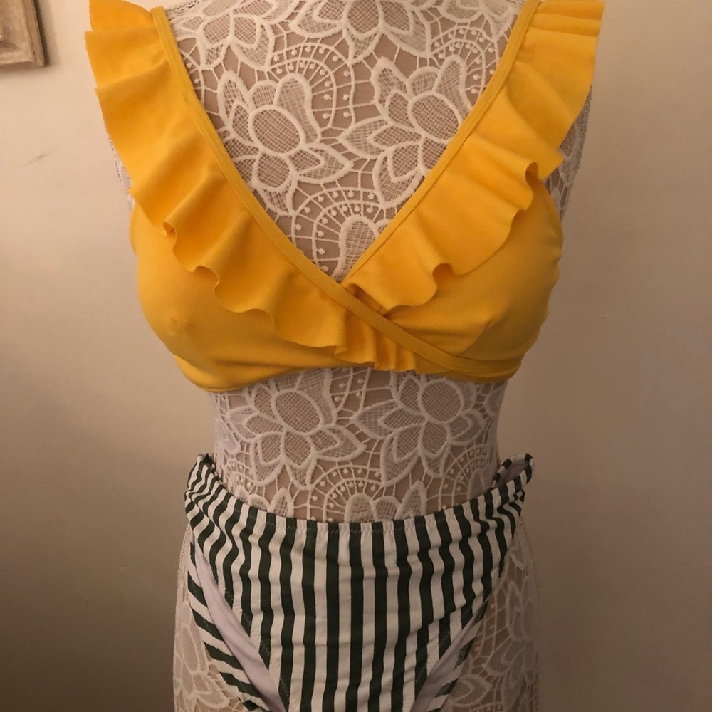 New Yellow bikini high cut green stripe bottom